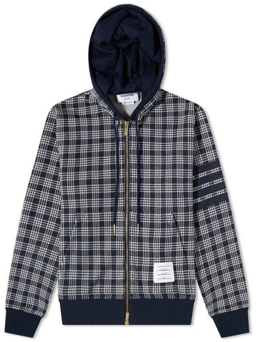 Men's Micro Check Jacquard Zip Up Hoodie Navy - THOM BROWNE - BALAAN 1