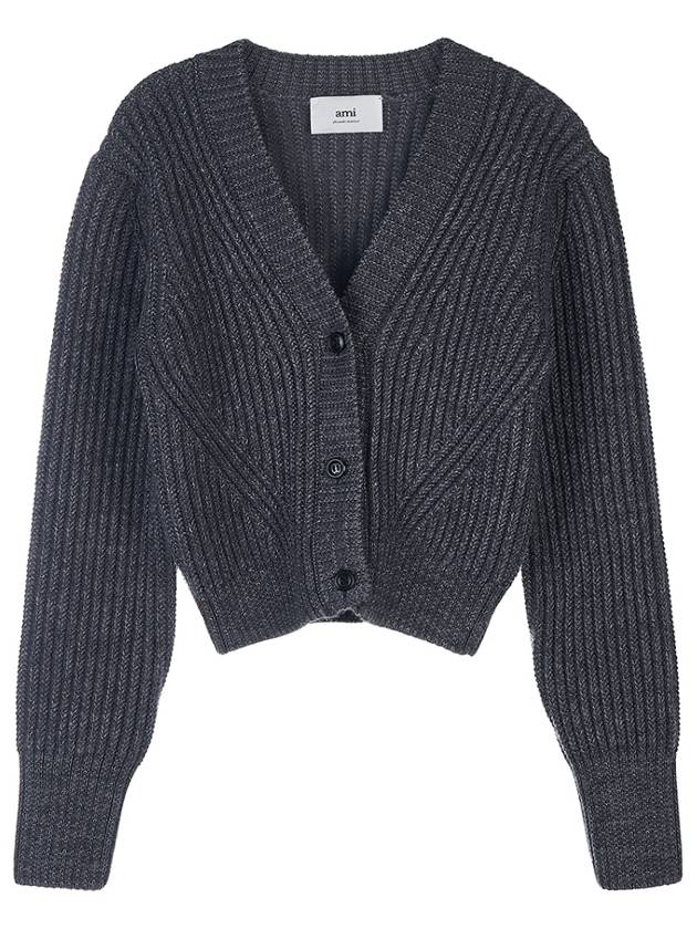 V-neck Ribbed Wool Crop Cardigan Grey - AMI - BALAAN 11