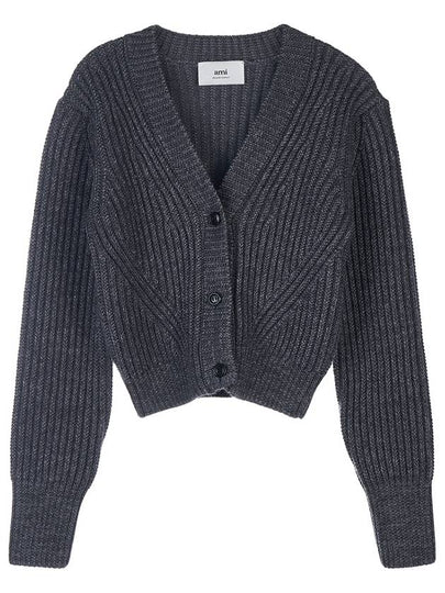 V-neck Ribbed Wool Crop Cardigan Grey - AMI - BALAAN 2