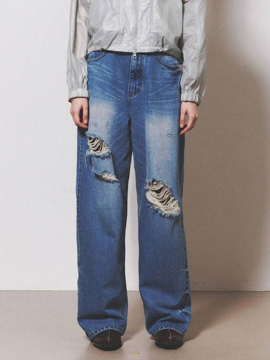Wide Fit Vintage Damaged Jeans Blue - NUAKLE - BALAAN 1