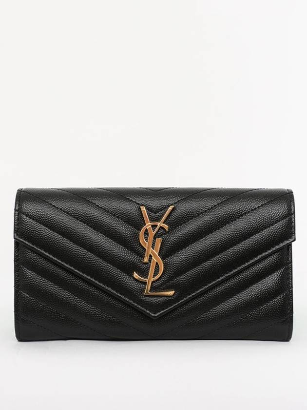 Matelasse Monogram Quilting Leather Flap Long Wallet Black - SAINT LAURENT - BALAAN 3