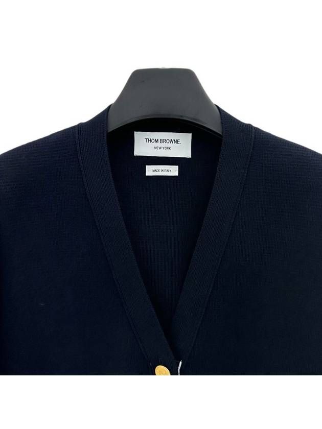 Milano Stitch 4 Bar Classic V Neck Fine Merino Wool Cardigan Navy - THOM BROWNE - BALAAN 4