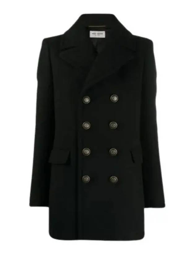 Women's Double Breasted Wool Pea Coat Navy - SAINT LAURENT - BALAAN 2