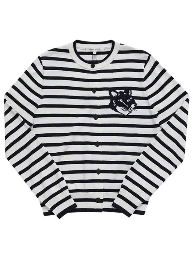 Fox Head Intarsia Regular Striped Cardigan Black White - MAISON KITSUNE - BALAAN 4