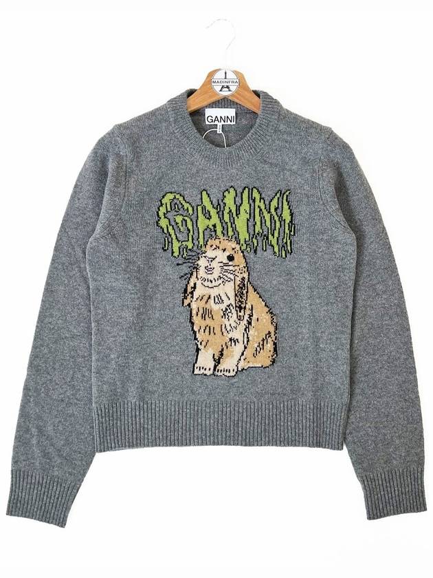 Graphic Wool Mix Bunny Crewneck Knit Top Grey - GANNI - BALAAN 3