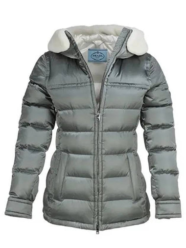 Women s Triangle Logo Goose Down Fur Hood Padded Jacket Gray 29P794 R0K F0276 271839 1147400 - PRADA - BALAAN 1