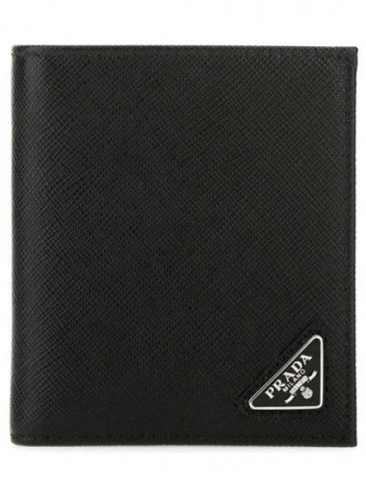 Triangular Logo Saffiano Half Wallet Black - PRADA - BALAAN 2