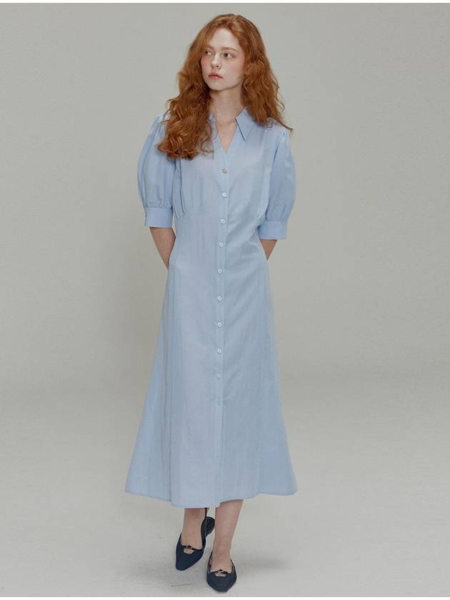 Open collar shirring detail shirt dress Blue - OPENING SUNSHINE - BALAAN 4