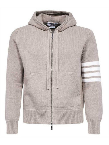 Men's Intarsia 4 Bar Merino Jersey Hooded Zip Up Medium Brown - THOM BROWNE - BALAAN 1