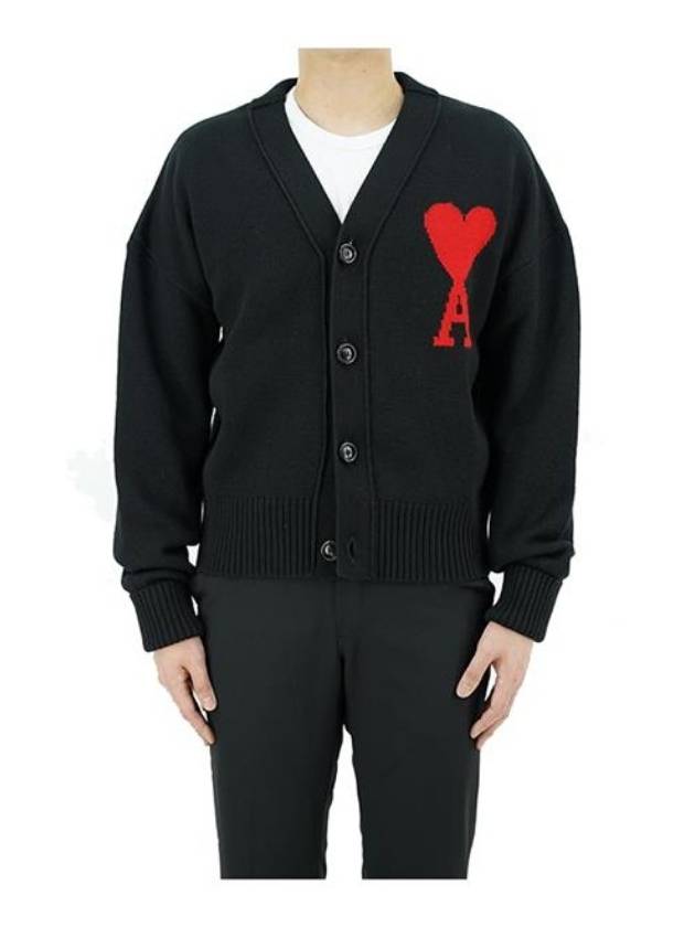 Intarsia Big Heart Logo Oversized Virgin Wool Cardigan Black - AMI - BALAAN 4