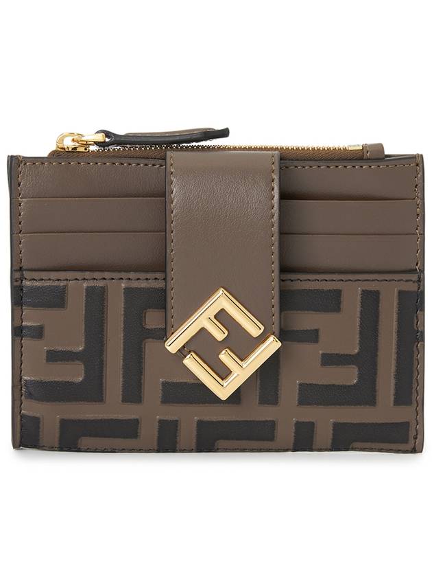 FF Diamond Embossed Logo Zip Card Holder Brown - FENDI - BALAAN 2