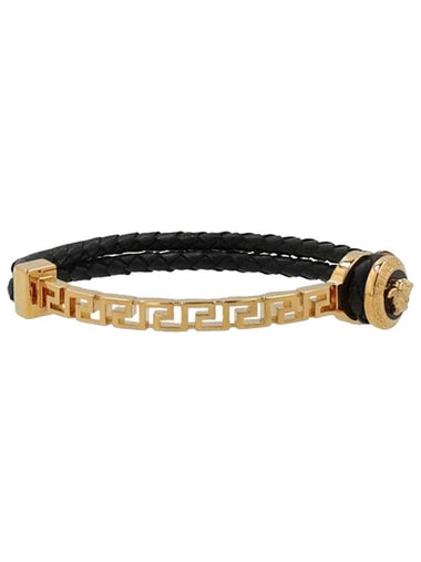 Greek Motif Metal Leather Bracelet Black Gold - VERSACE - BALAAN 1