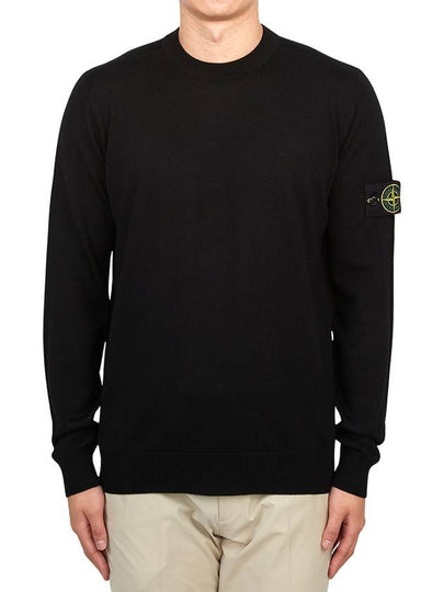 Logo Patch Crewneck Virgin Wool Knit Top Black - STONE ISLAND - BALAAN 2