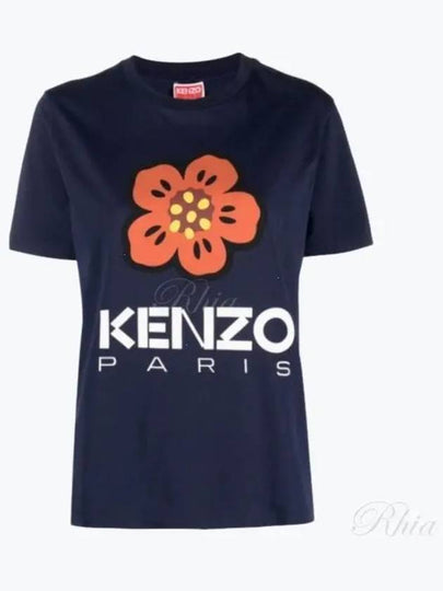 Women's Boke Flower Loose Fit Cotton Short Sleeve T-Shirt Navy - KENZO - BALAAN 2