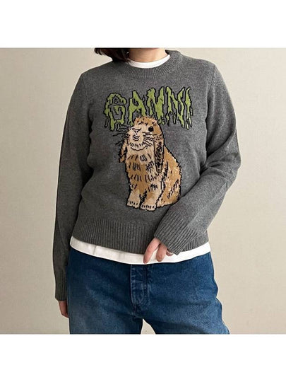 Graphic Wool Mix Bunny Crewneck Knit Top Grey - GANNI - BALAAN 2