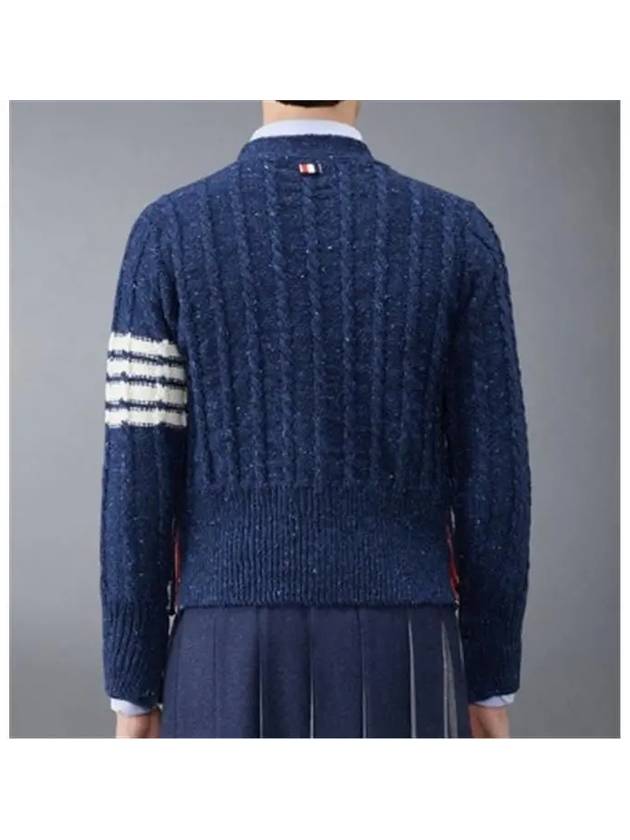 Donegal Twist Cable 4 Bar Classic V Neck Cardigan Blue - THOM BROWNE - BALAAN 3