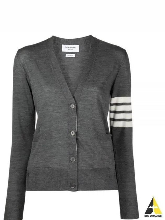 Sustainable Fine Merino Wool 4-Bar Relaxed Fit V-Neck Cardigan Medium Grey - THOM BROWNE - BALAAN 2