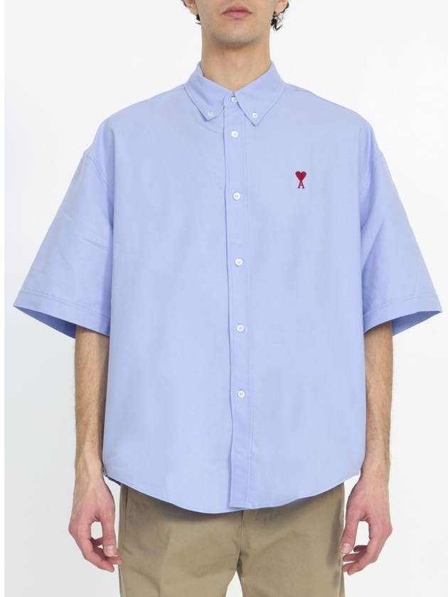 Men's Boxy Fit Embroidered Logo Short Sleeve Shirt Light Blue - AMI - BALAAN 5