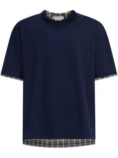 Plaid Check Panel Cotton Short Sleeve T-shirt Navy - MARNI - BALAAN 1