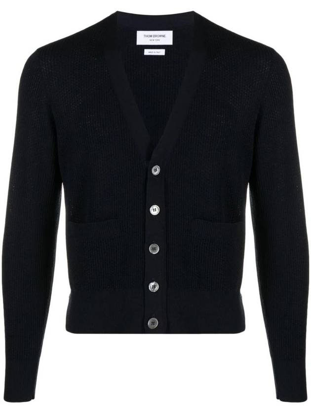 Wool Crepe 4-Bar Relaxed Fit Cardigan Navy - THOM BROWNE - BALAAN 1