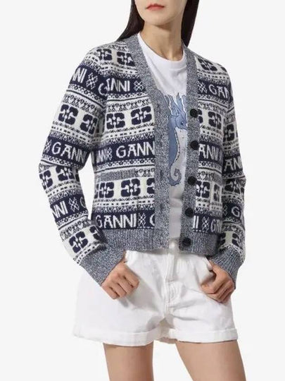 logo wool mix jacquard cardigan blue - GANNI - BALAAN 2