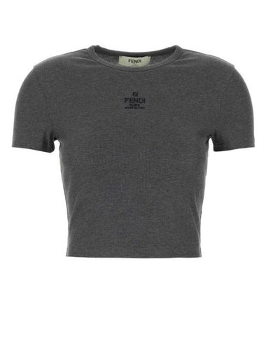 Embroidered Logo Crop Cotton Short Sleeve T-Shirt Grey - FENDI - BALAAN 1