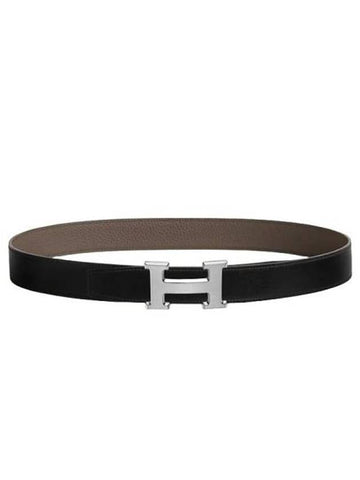 H Buckle Reversible Double Sided 32mm Black Etang Silver Matte Men s Leather Belt H073967CAAC - HERMES - BALAAN 1