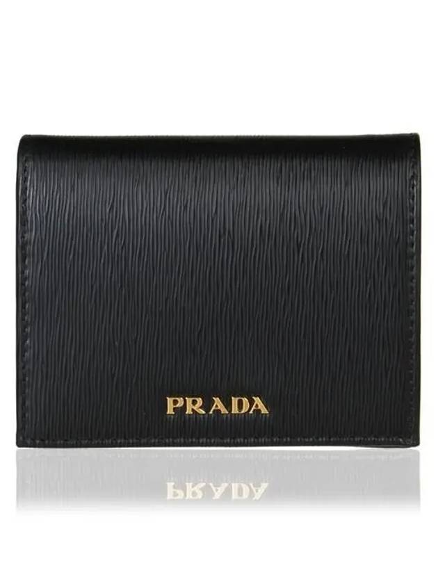 Vitello Gold Logo Leather Half Wallet Black - PRADA - BALAAN 2