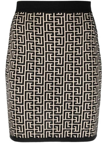 Women's Monogram Jacquard Knit H-Line Skirt Beige Black - BALMAIN - BALAAN 1