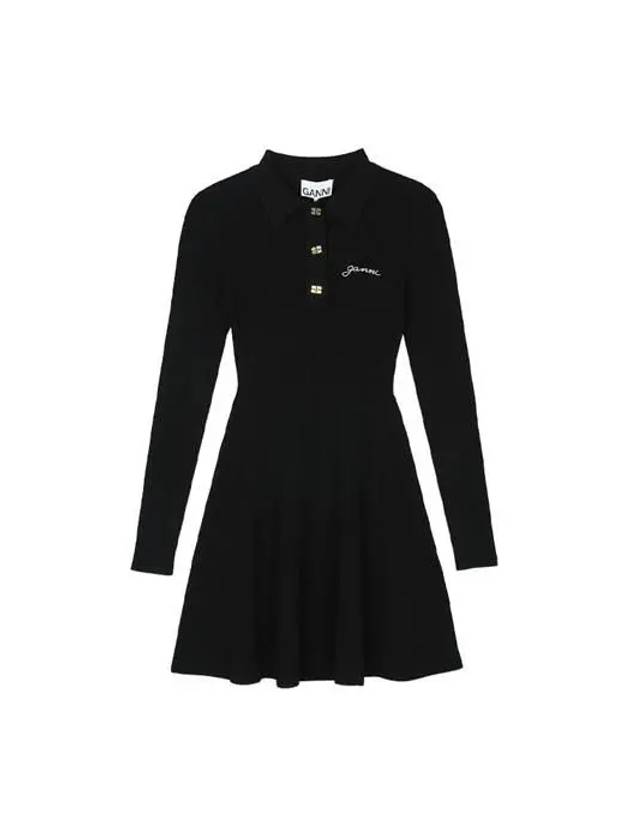 Future Viscose Rib Long Sleeve Short Dress Black - GANNI - BALAAN 2