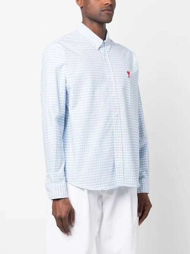 Small Heart Logo Gingham Button Long Sleeves Shirt Sky Blue - AMI - BALAAN 4