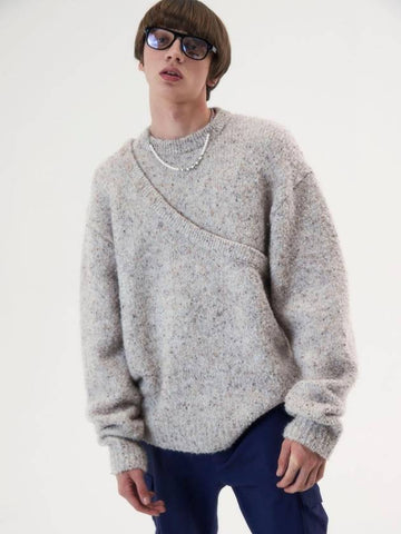 Asymmetric layered neck sweater warm gray - MSKN2ND - BALAAN 1