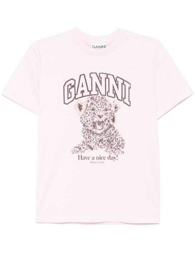 Leopard Print Cotton Short Sleeve T-Shirt Pink - GANNI - BALAAN 2