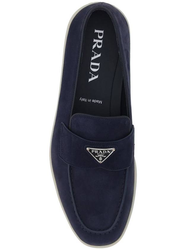 Triangle Logo Suede Loafers Navy - PRADA - BALAAN 4