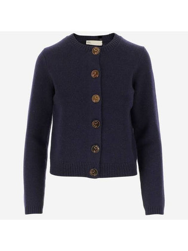 Logo Button Wool Cardigan Navy - TORY BURCH - BALAAN 1