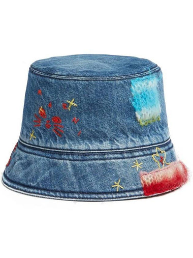 Embroidered Star Denim Bucket Hat Blue - MARNI - BALAAN 1