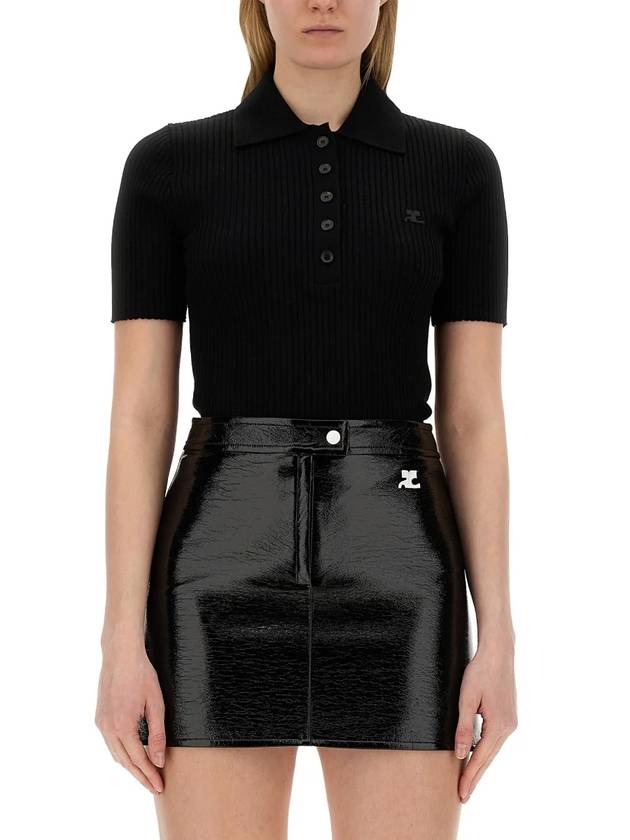 Embroidered Logo Rib Polo Knit Top In Black. - COURREGES - BALAAN 3