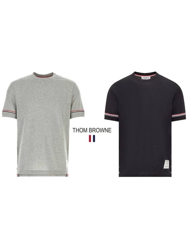 Striped Detail Crew Neck Cotton Short Sleeve T-Shirt Grey - THOM BROWNE - BALAAN 2