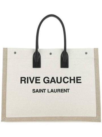 Rive Gauche Logo Linen Leather Tote Bag White - SAINT LAURENT - BALAAN 1