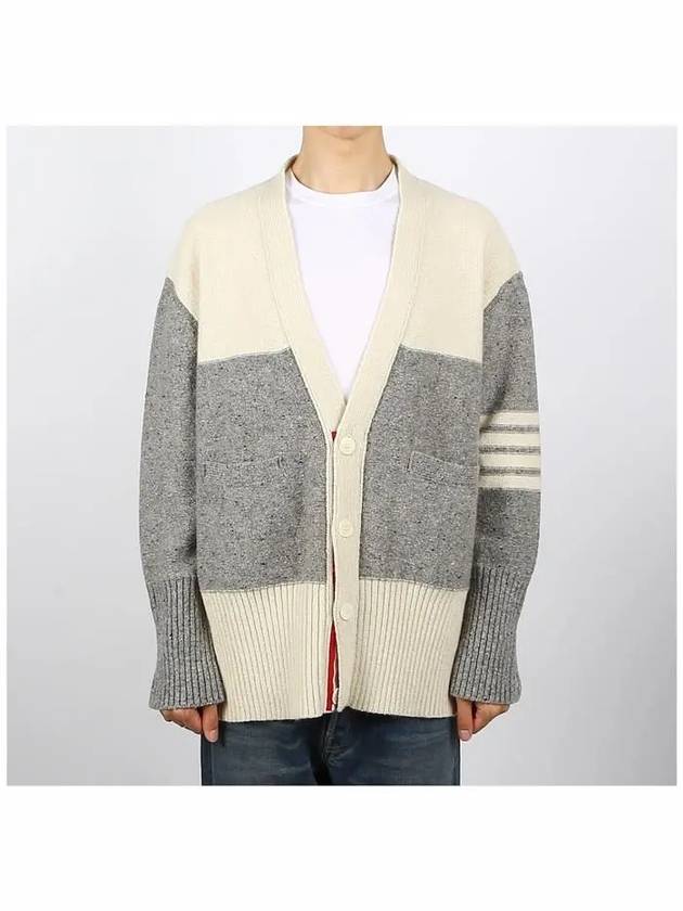 Donegal Diagonal Oversized Colour Block Wool Cardigan Grey Cream - THOM BROWNE - BALAAN 3