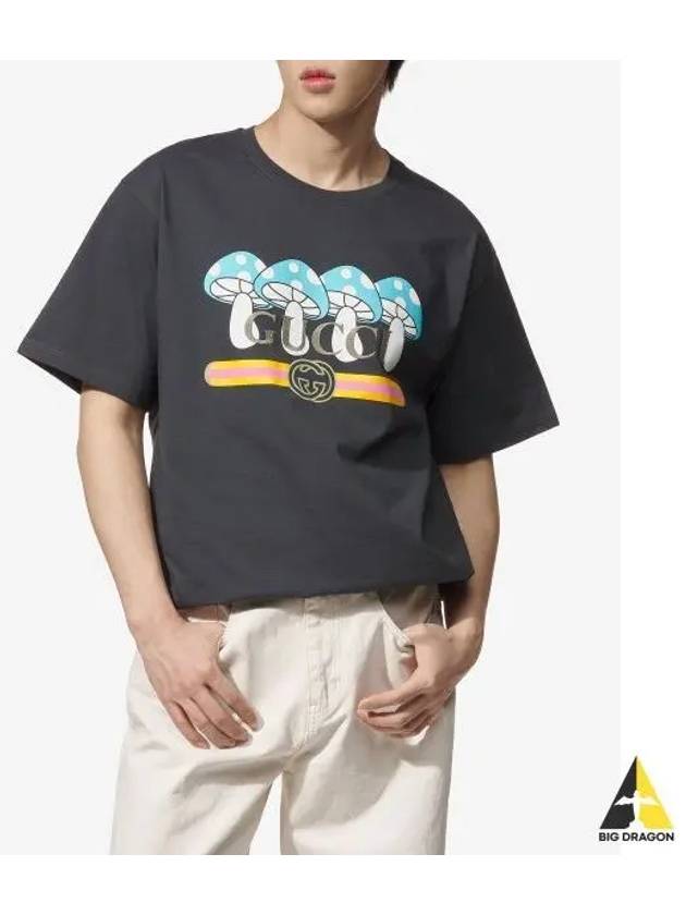 Mushroom Logo Print Short Sleeve T-Shirt Black - GUCCI - BALAAN 2