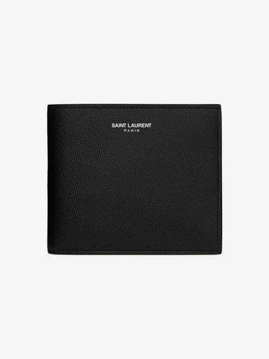 Classic Logo Textured Leather Half Wallet Black - SAINT LAURENT - BALAAN 2