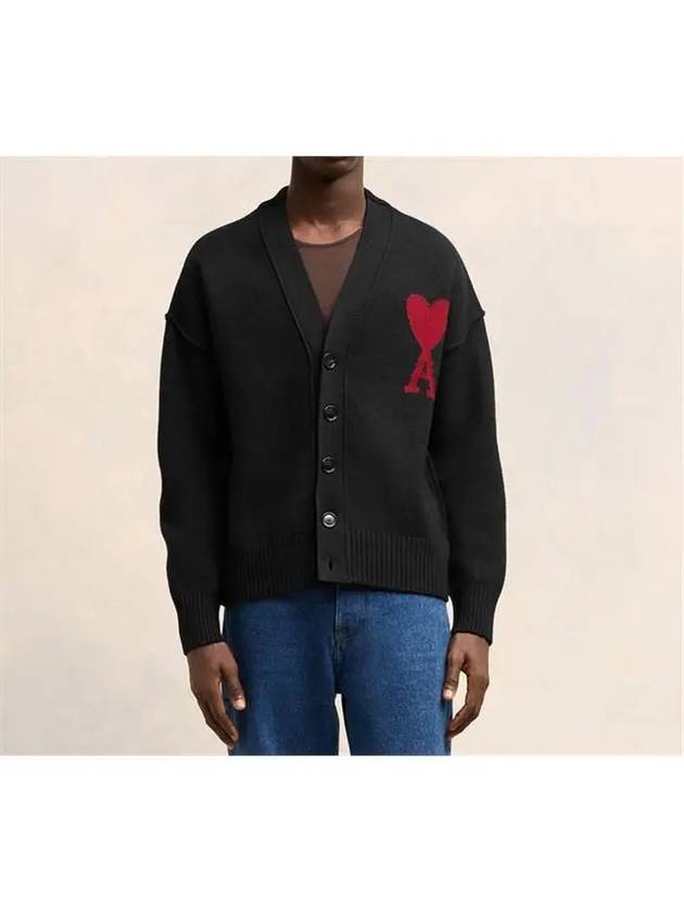 Heart Logo V Neck Wool Cardigan Black - AMI - BALAAN 4