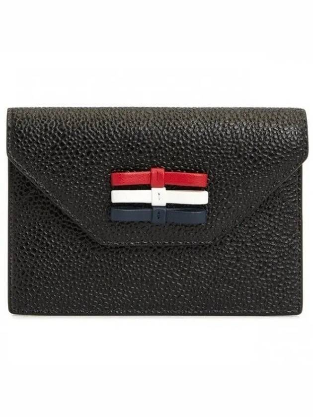 Pebble Grain Leather Bow Detail Envelope Card Wallet Black - THOM BROWNE - BALAAN 1