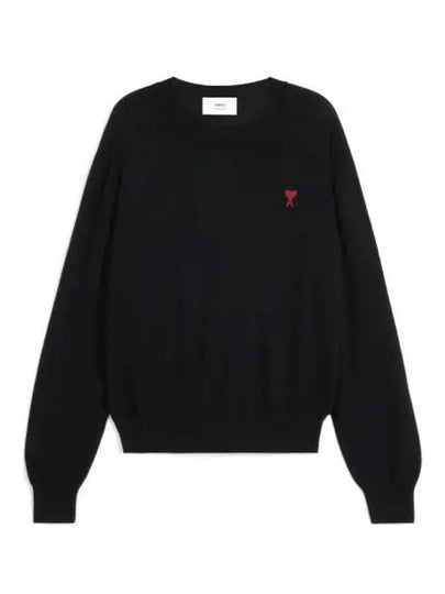 Heart Embroidered Logo Crew Neck Knit Top Black - AMI - BALAAN 2