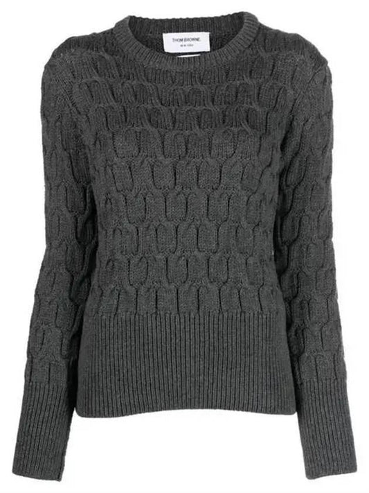 Merino Crisscross Cable Stitch Crewneck Knit Top Grey - THOM BROWNE - BALAAN.