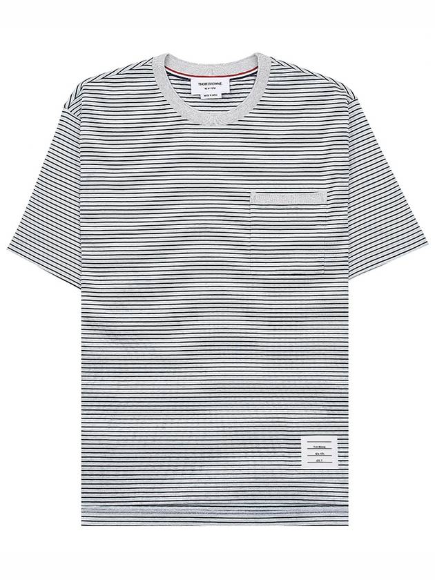 Striped Pocket Cotton Oversized Short Sleeve T-Shirt Blue - THOM BROWNE - BALAAN 11