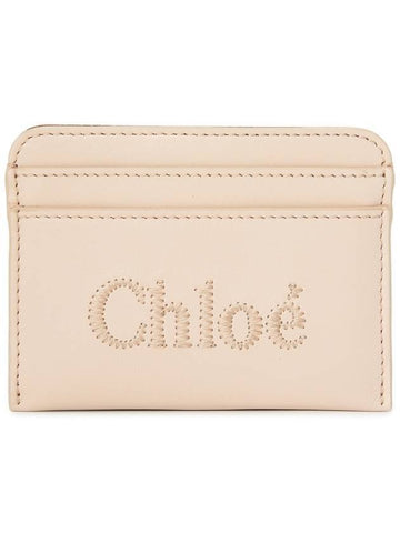 Sense Embroidered Logo Calfskin Card Wallet Light Beige - CHLOE - BALAAN 1