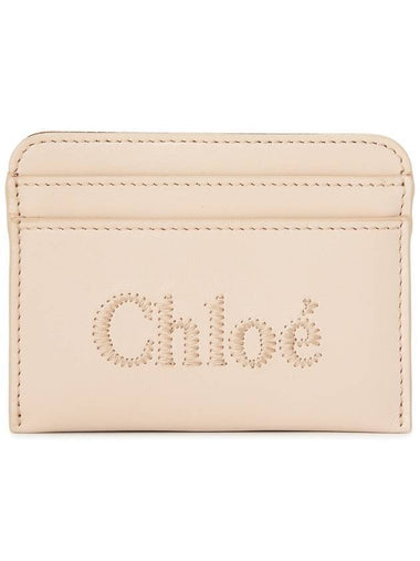 Sense Embroidered Logo Calfskin Card Wallet Light Beige - CHLOE - BALAAN 1