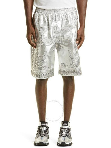 Versace Men's Silver Baroque Print Silk Twill Shorts, Brand Size 50 (US Size 34) - VERSACE - BALAAN 1